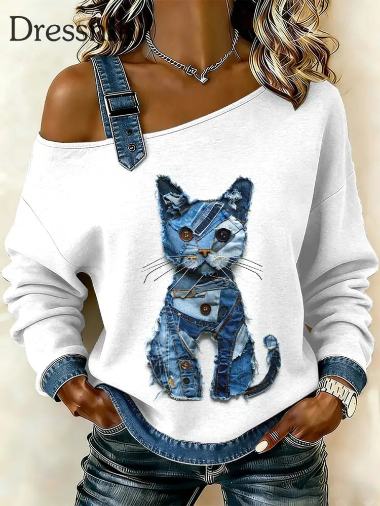Damen Vintage Cat Patchwork Print lässig schulter freies Sweatshirt als bild / S