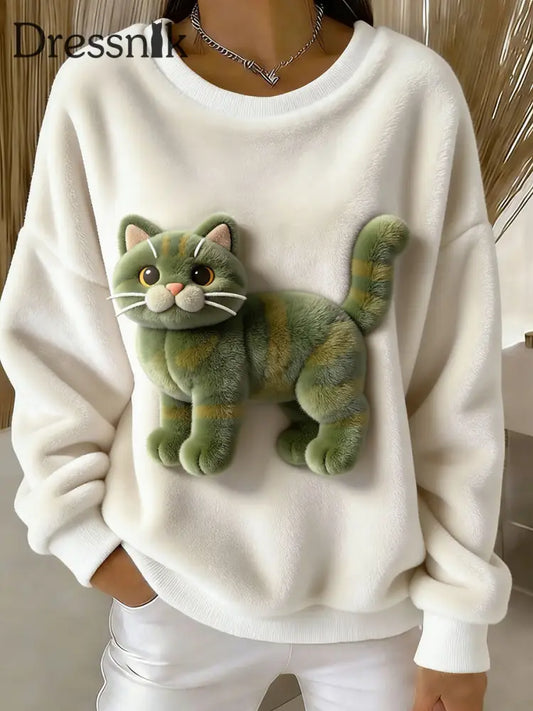 Damen Vintage Cat Print Casual Sweatshirt als bild / S