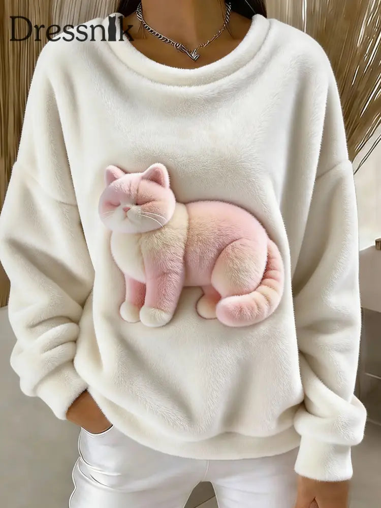 Damen Vintage Cat Print Casual Sweatshirt als bild / S