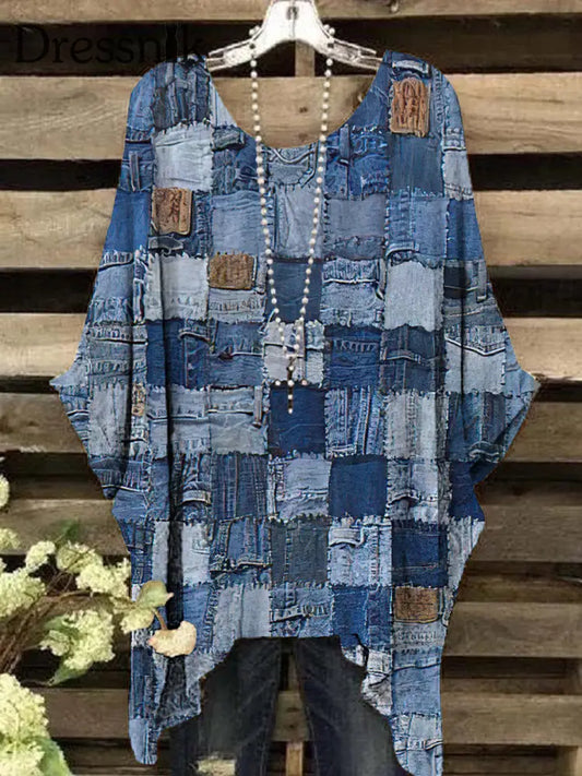 Damen Vintage Denim Farbe Patchwork Muster Rundhals oben bunt / S