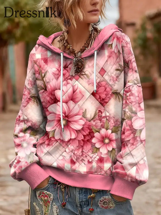 Damen Vintage Diamant Quilt ing Übergroßes Kapuzen-Sweatshirt Rosa / S