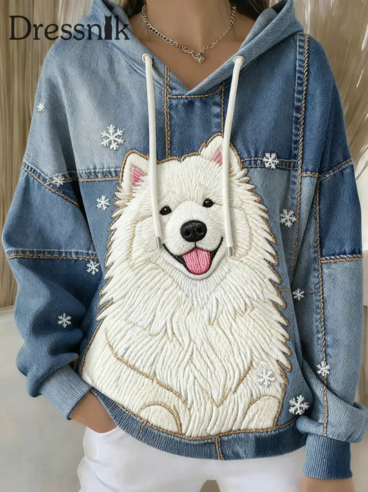 Damen Vintage Dog Art Print Casual Draw string Hoodie blau / S