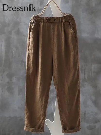 Damen Vintage einfache Leinen hosen Khaki / M