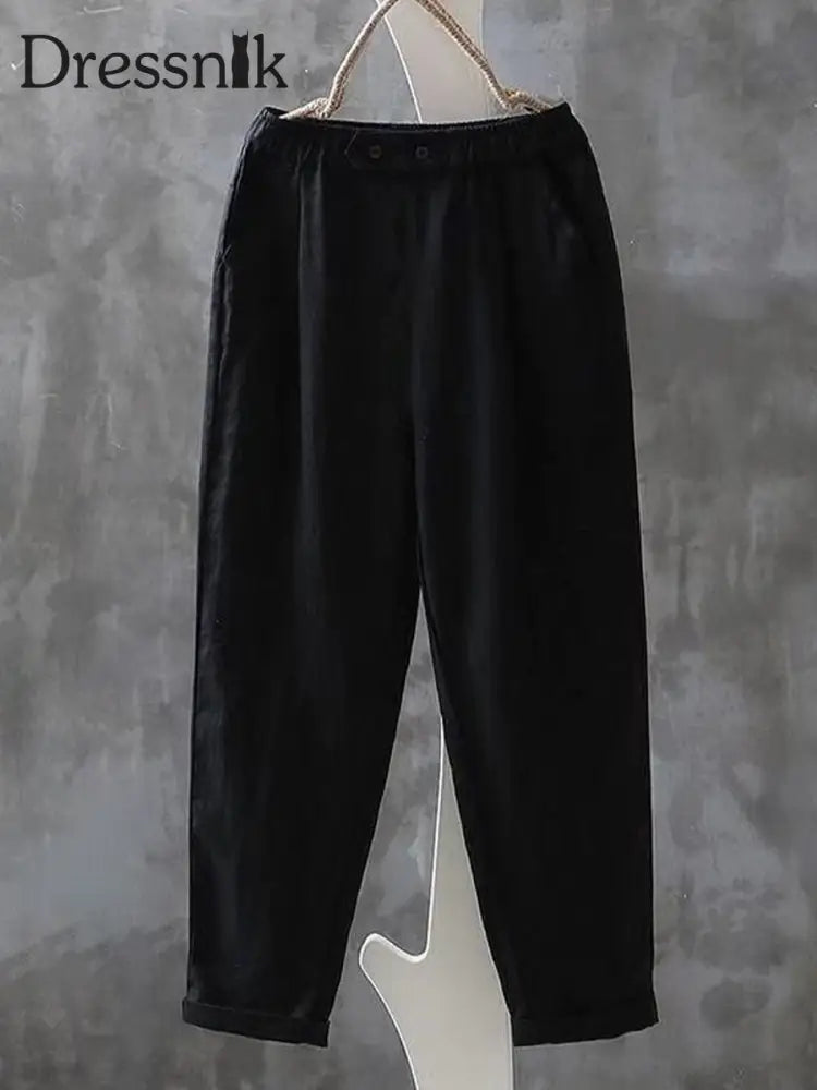 Damen Vintage einfache Leinen hosen Schwarz / M