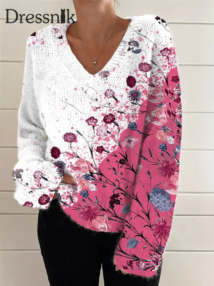 Damen Vintage Elegante Kunst Blumen Druck Chic V-Ausschnitt Langarm Pullover A / S