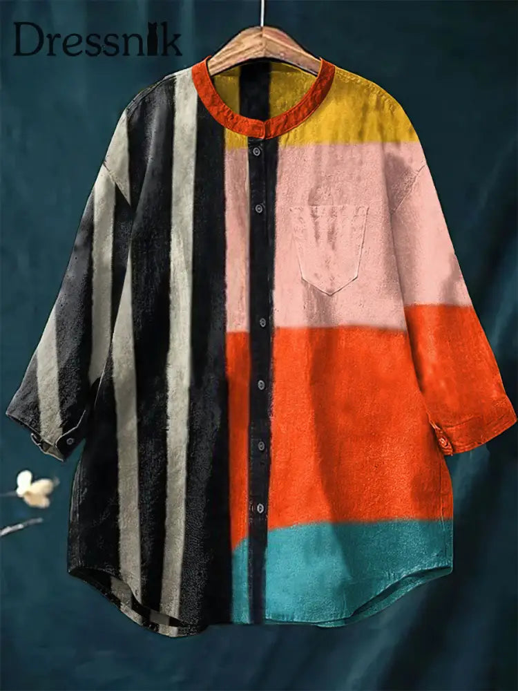Damen Vintage Farb block Kunstdruck Lässiges Baumwoll-Leinen mit rundem Hals bunt / S