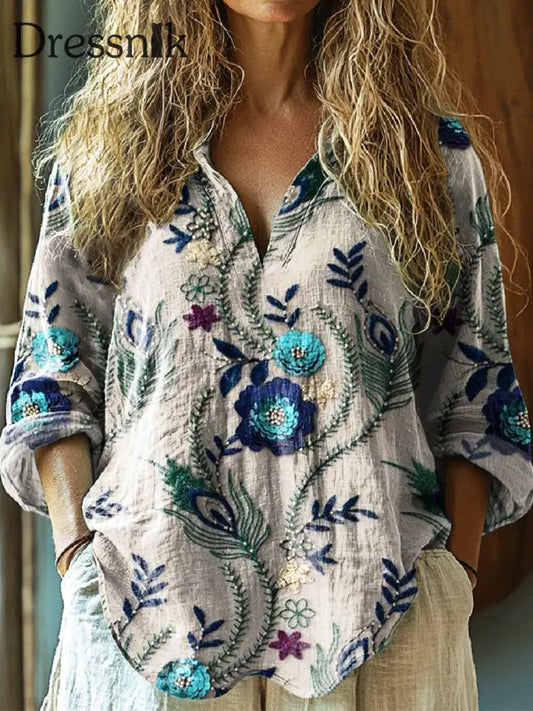 Damen Vintage Floral Art Print V-Ausschnitt Lässig Baumwolle Und Leinen Hemd Top A / S