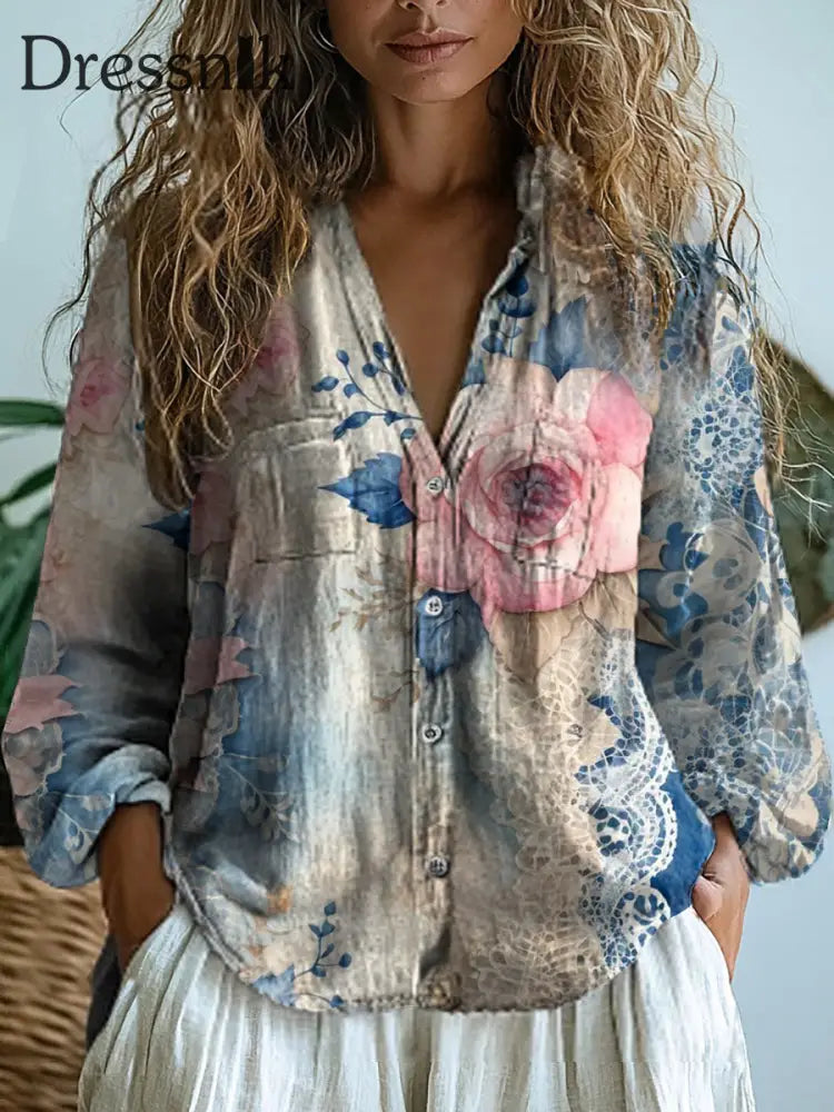 Damen Vintage Floral Art Print V-Ausschnitt lässig Baumwolle und Leinen Hemd Top A / S