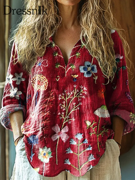 Damen Vintage Floral Art Print V-Ausschnitt Lässig Baumwolle Und Leinen Hemd Top A / S
