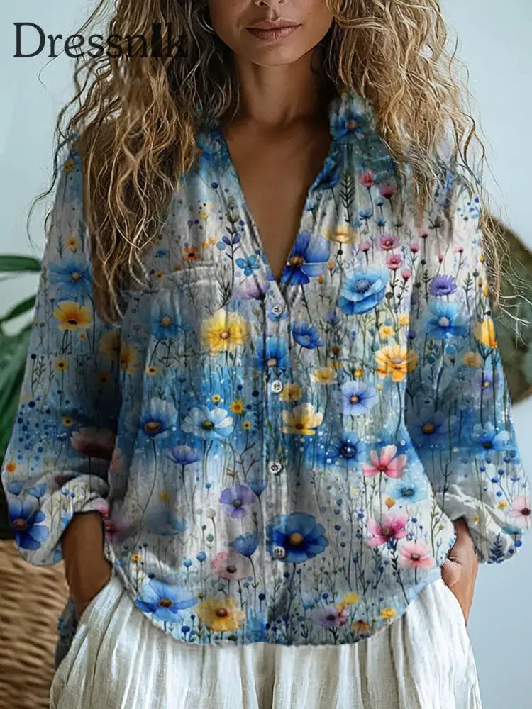 Damen Vintage Floral Art Print V-Ausschnitt lässig Baumwolle und Leinen Hemd Top A / S