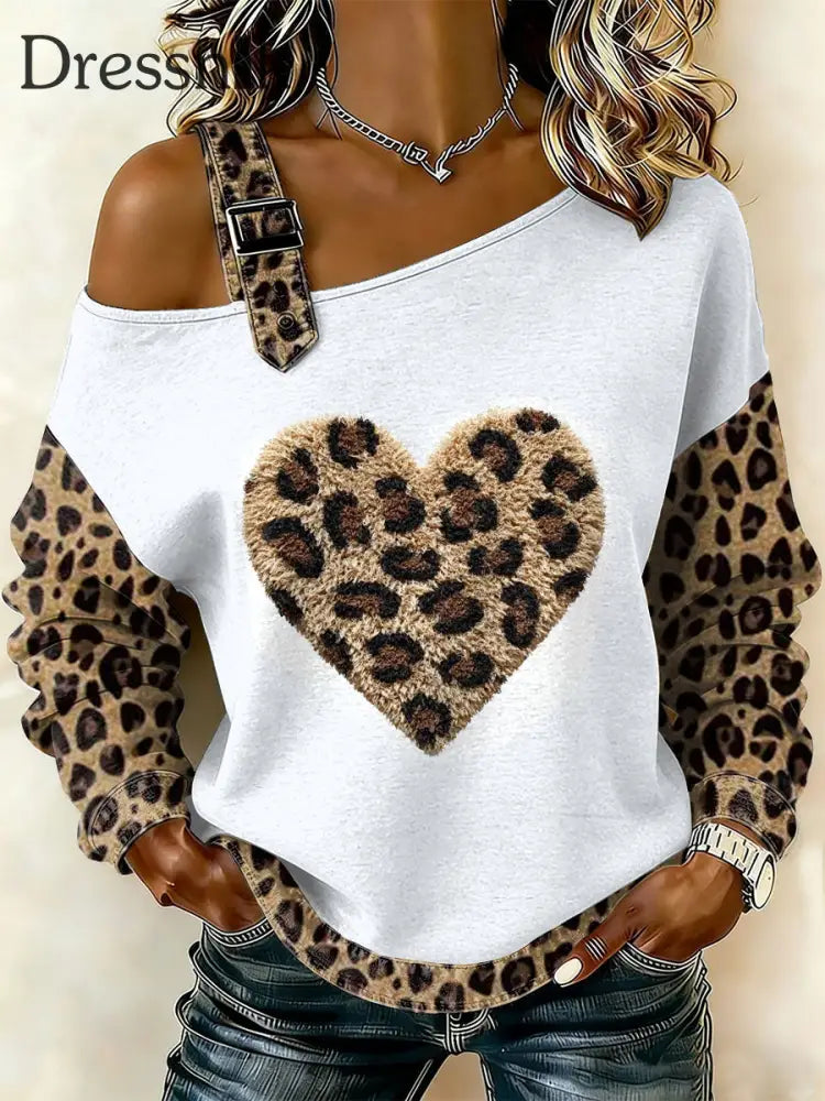 Damen Vintage Floral Heart Patchwork Print lässig schulter freies Sweatshirt als bild / S