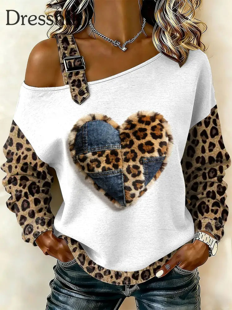 Damen Vintage Floral Heart Patchwork Print lässig schulter freies Sweatshirt als bild / S