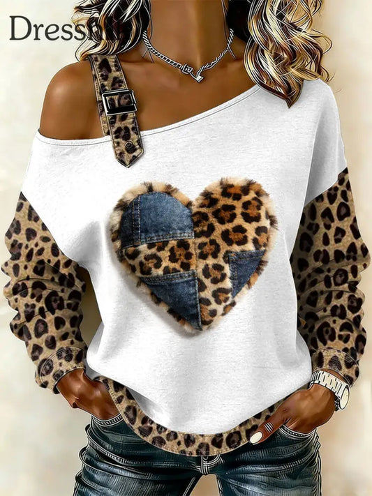Damen Vintage Floral Heart Patchwork Print lässig schulter freies Sweatshirt als bild / S