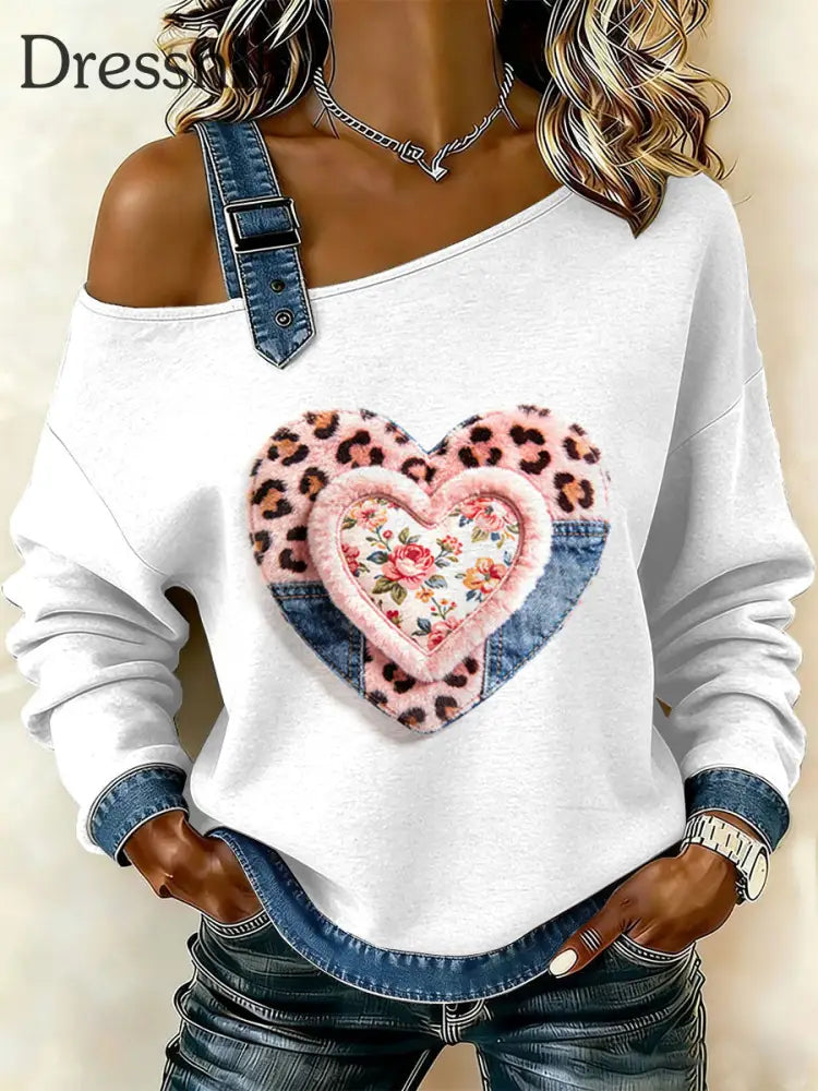 Damen Vintage Floral Heart Patchwork Print lässig schulter freies Sweatshirt als bild / S