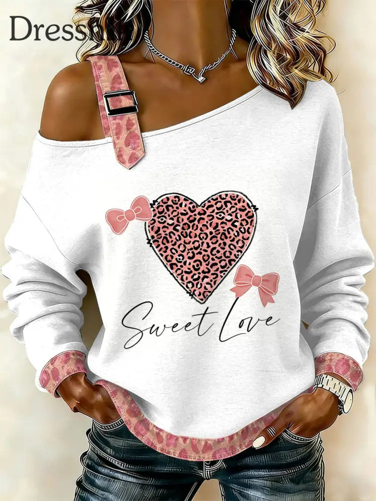 Damen Vintage Floral Heart Patchwork Print lässig schulter freies Sweatshirt als bild / S