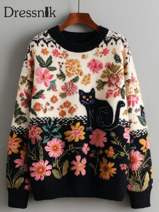 Damen Vintage Floral Kitten Kunstdruck Pullover A / S