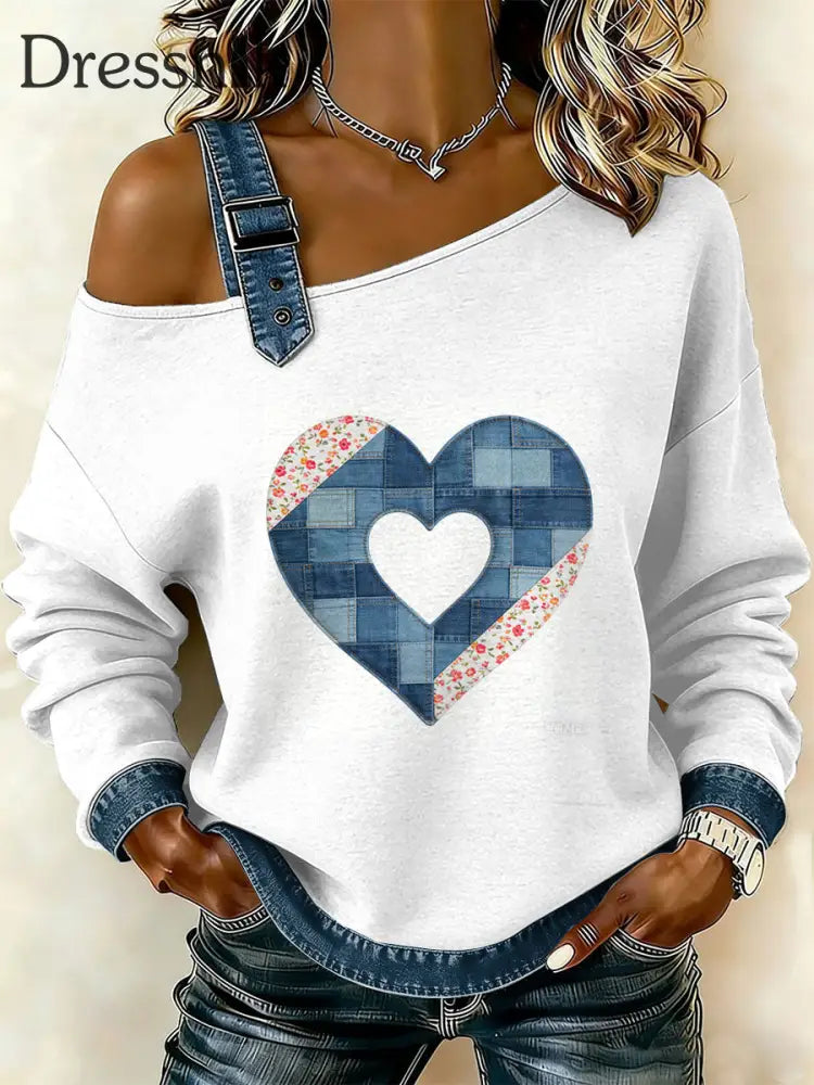 Damen Vintage Floral Patchwork Print lässig schulter freies Sweatshirt als bild / S