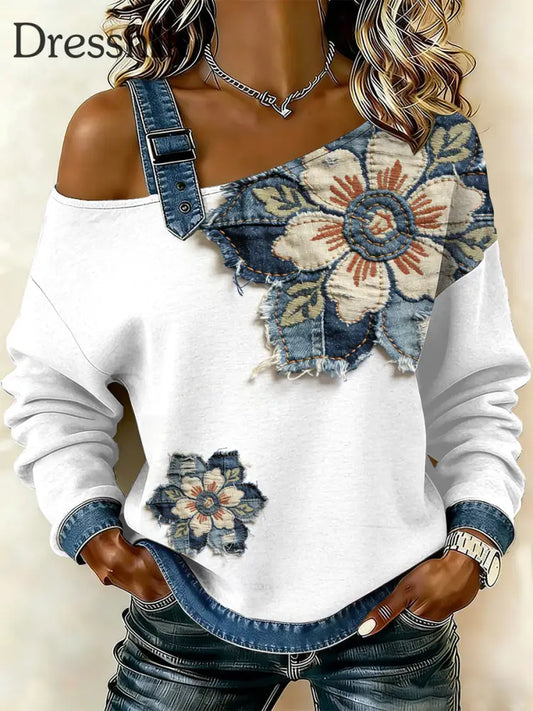 Damen Vintage Floral Patchwork Print lässig schulter freies Sweatshirt als bild / S