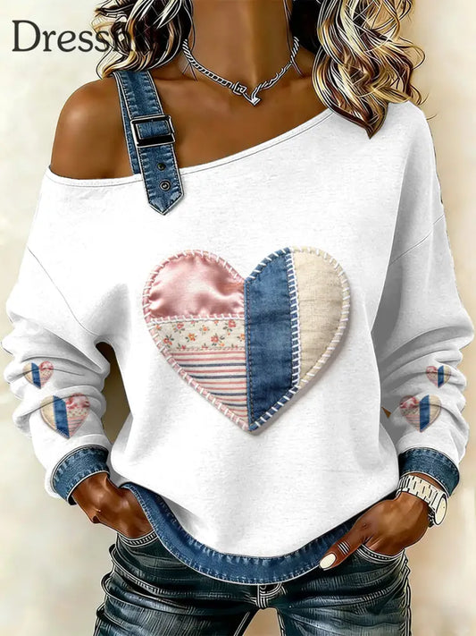 Damen Vintage Floral Patchwork Print lässig schulter freies Sweatshirt als bild / S