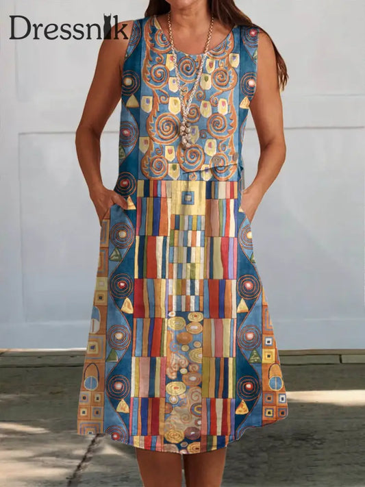Damen Vintage Geometrische Kunst Kunstdruck Casual Runde Hals Temperament Midi-Kleid A / S