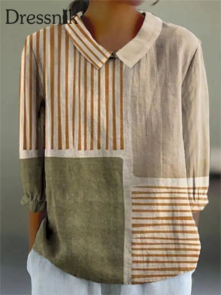 Damen Vintage Geometrische Linie Muster Kunstdruck Freizeit Baumwolle und Leinen 3/4 Ärmel Hemd Grün / S