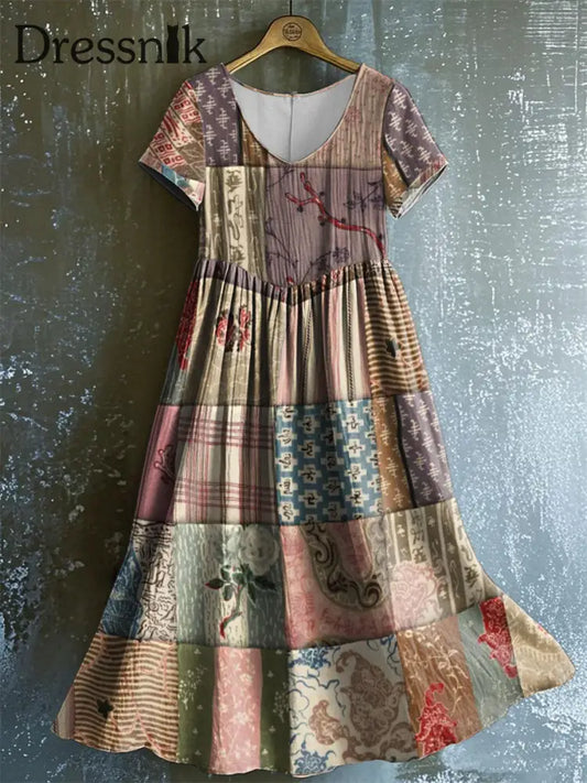 Damen Vintage geometrisches Blumen kleid mit V-Ausschnitt als bild / S