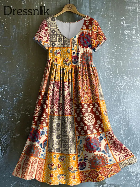 Damen Vintage geometrisches Blumen kleid mit V-Ausschnitt Orange / S