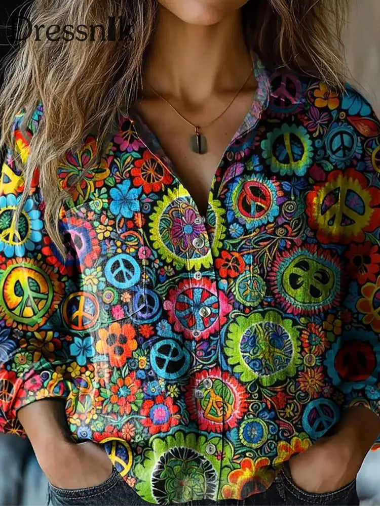 Damen Vintage Hippie Kunstdruck V-Ausschnitt Lässig Baumwolle Und Leinen Hemd Top A / S