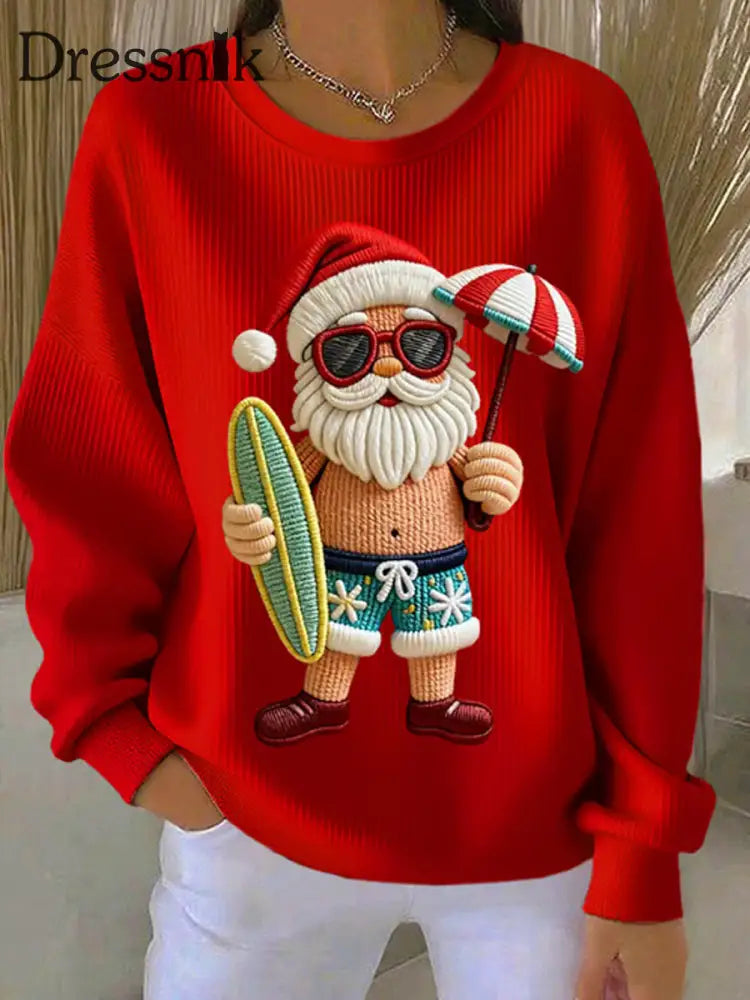 Damen Vintage Holiday Santa Claus Print Casual Sweatshirt Rot / S