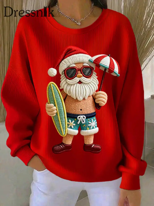 Damen Vintage Holiday Santa Claus Print Casual Sweatshirt Rot / S