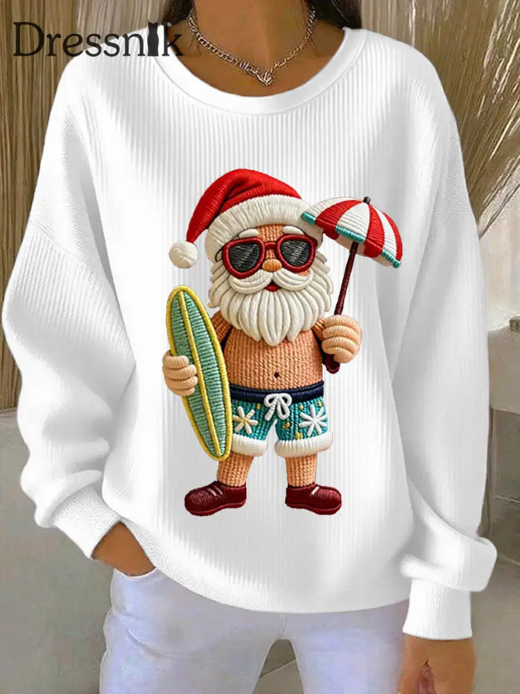 Damen Vintage Holiday Santa Claus Print Casual Sweatshirt Weiß / S