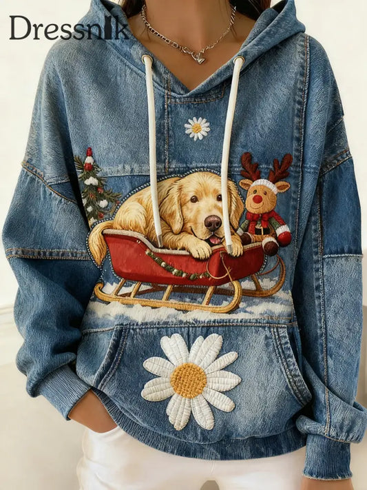 Damen Vintage Hund Kunstdruck Casual Hoodie blau / S