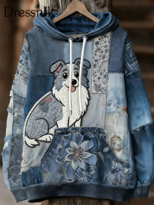 Damen Vintage Hund Kunstdruck Casual Hoodie blau / S