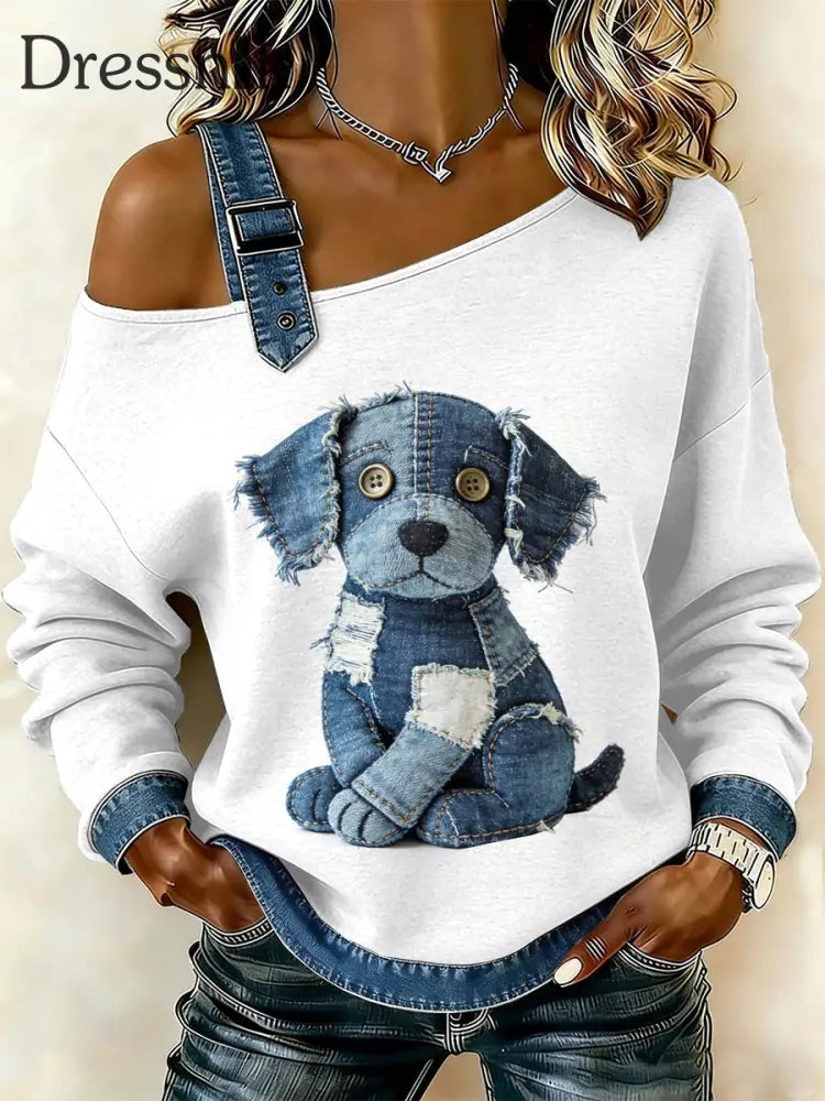 Damen Vintage Hund Patchwork Print lässig schulter freies Sweatshirt als bild / S