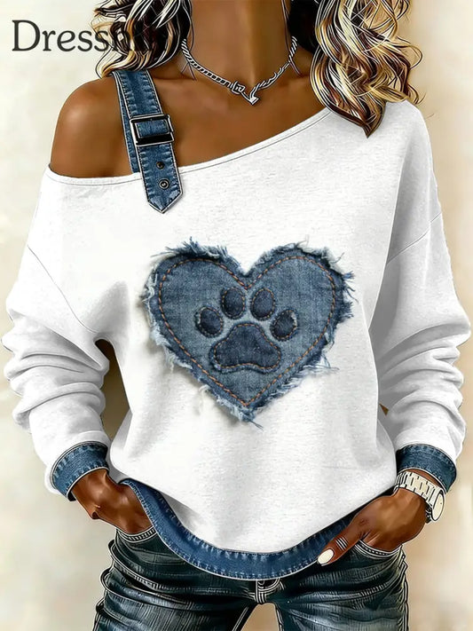 Damen Vintage Hunde paw Patchwork Print lässig schulter freies Sweatshirt als bild / S