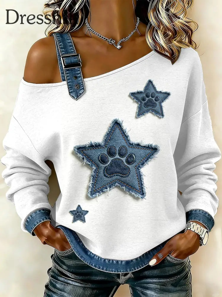 Damen Vintage Hunde paw Patchwork Print lässig schulter freies Sweatshirt als bild / S