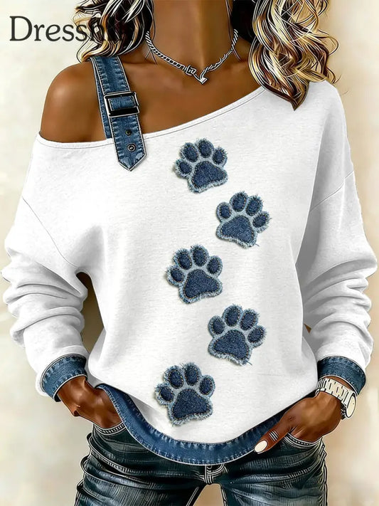 Damen Vintage Hunde paw Patchwork Print lässig schulter freies Sweatshirt als bild / S
