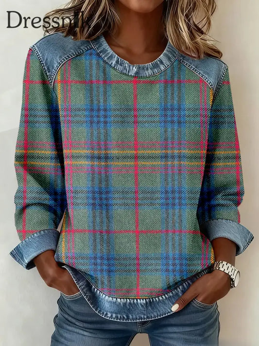 Damen Vintage Kariertes Muster Denim Patchwork Sweatshirt als bild / S