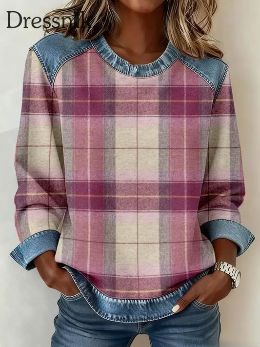 Damen Vintage Kariertes Muster Denim Patchwork Sweatshirt als bild / S