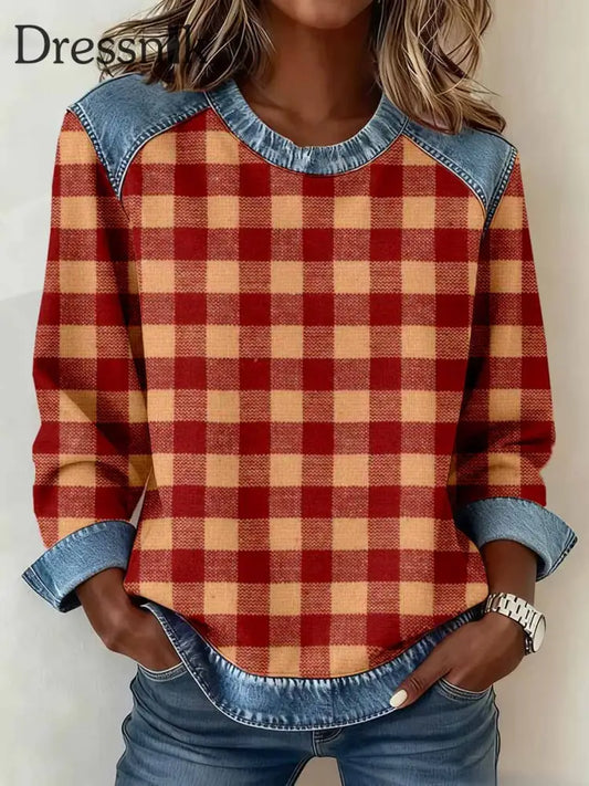 Damen Vintage Kariertes Muster Denim Patchwork Sweatshirt als bild / S