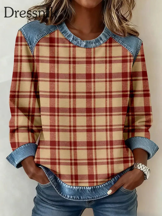 Damen Vintage Kariertes Muster Denim Patchwork Sweatshirt als bild / S