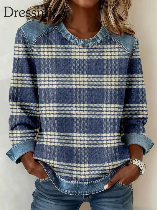 Damen Vintage Kariertes Muster Denim Patchwork Sweatshirt blau / S