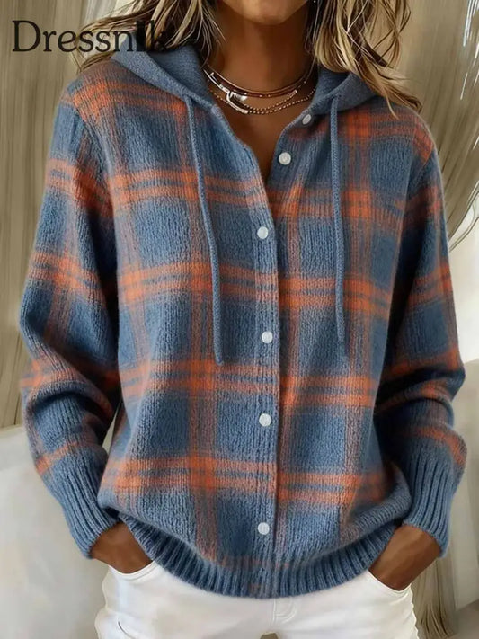 Damen Vintage Kariertes Muster Gemütliche Strick-Hoodie-Strickjacke als bild / S