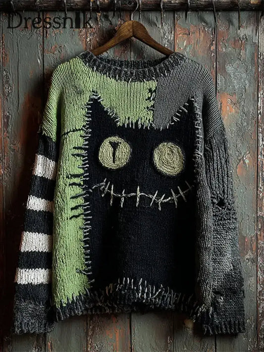 Damen Vintage Katze Kunstdruck Casual Pullover A / S