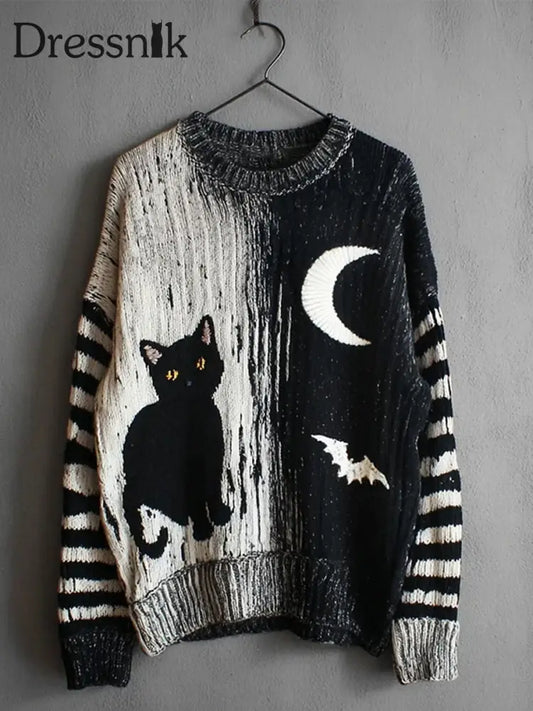 Damen Vintage Katze Kunstdruck Casual Pullover A / S