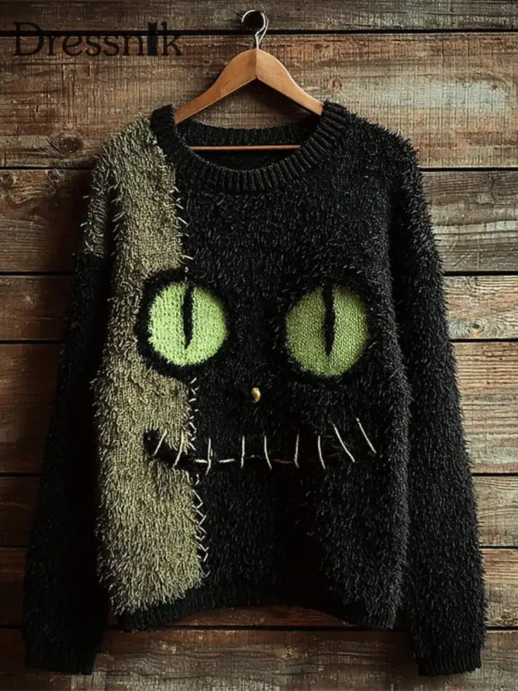 Damen Vintage Katze Kunstdruck Casual Pullover A / S