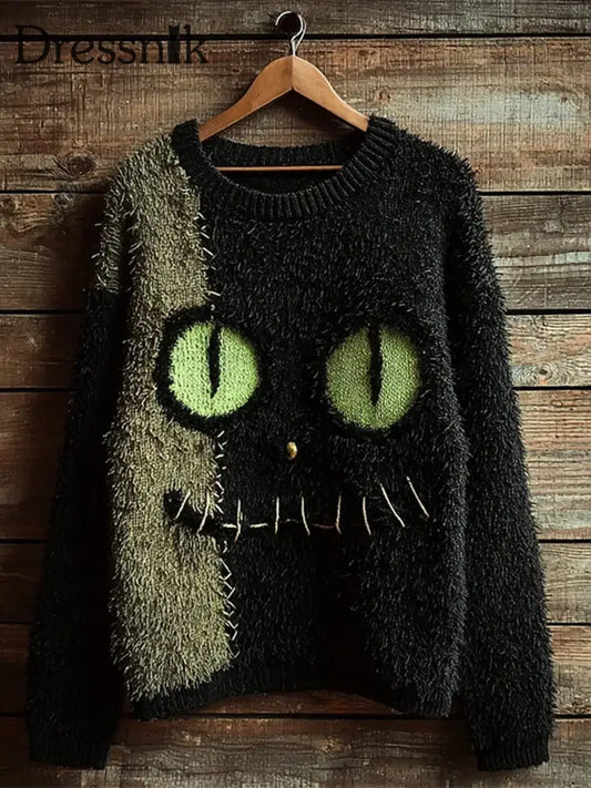 Damen Vintage Katze Kunstdruck Casual Pullover A / S