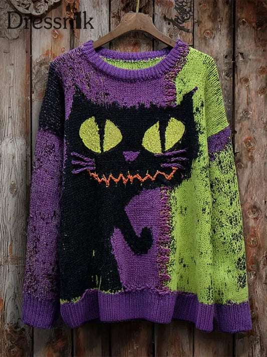 Damen Vintage Katze Kunstdruck Casual Pullover A / S