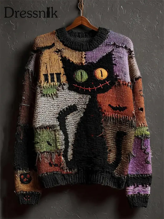 Damen Vintage Katze Kunstdruck Casual Pullover A / S