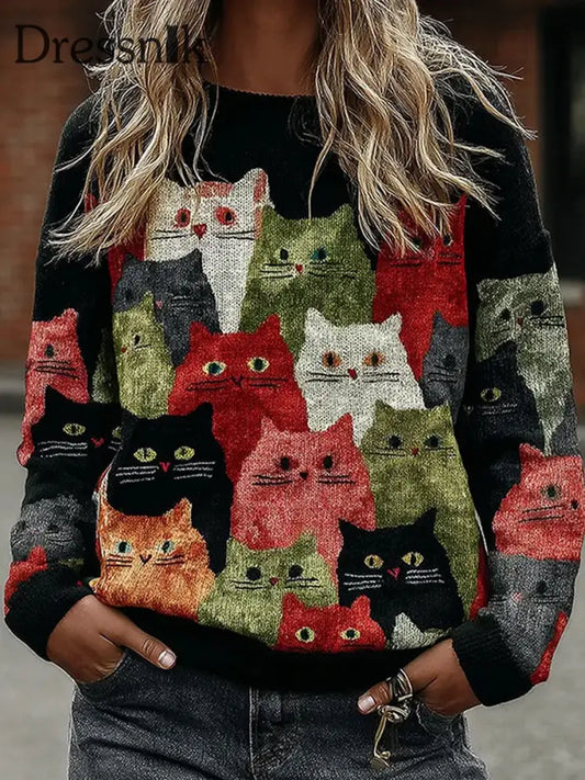 Damen Vintage Katzen Kunstdruck pullover A / S